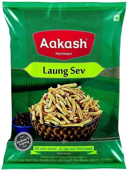 This is the unique Laung Sev from Aakash Namkeen. It's a thicker sev variety infused with the distinct, aromatic flavour of cloves for a special taste.