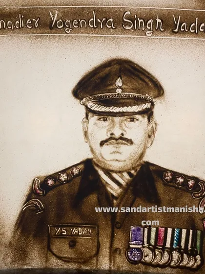 A sand portrait of Grenadier Yogendra Singh Yadav, a true hero of the Kargil War. Creating tributes for our brave jawans is a profound privilege, using my art to honour their sacrifice and valour for our desh.