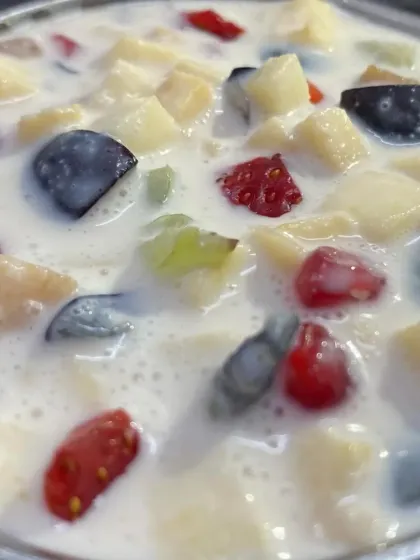 A refreshing Fruit Salad with cream, a light and healthy dessert option we offer in our catering menu.