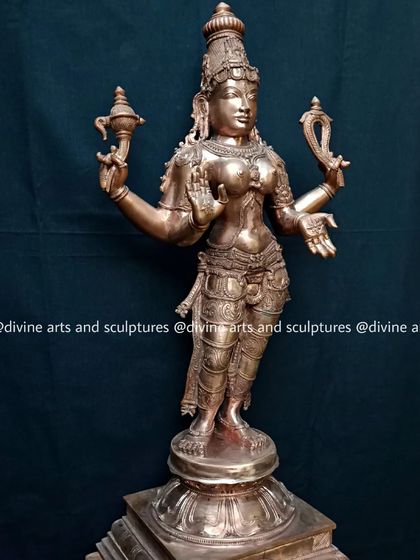 A 28-inch Panchaloha statue of Bhuvaneswari, the queen of the universe. This majestic piece was a custom order for a devotee in Sydney, Australia.