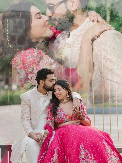 A creative double-exposure portrait from the Mehendi ceremony. It blends an intimate close-up with a wider shot of the couple, creating a romantic and artistic memory.