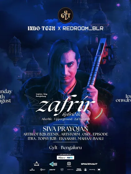The main flyer for the Indo-Tech x Redroom sundowner at Gylt, featuring Afterlife's Zafrir.