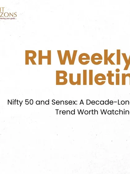 The cover of our RH Weekly Bulletin, which explores a decade-long trend between the Nifty 50 and Sensex. This issue analyzes historical patterns to offer perspective on potential future market movements.