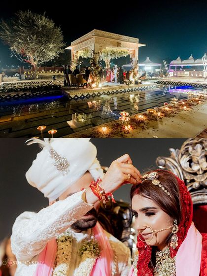 A collage showing the vast, beautifully lit wedding venue and a close-up of the groom performing the Sindoor ceremony, a key ritual in Hindu weddings.