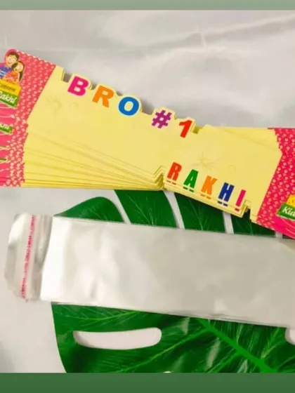 Our "Bro #1" Rakhi packing card is a fun and colorful choice. Packaging your Rakhis this way makes them perfect for gifting or selling.