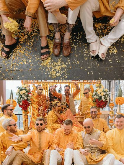 A collage capturing the groom's Haldi ceremony. It shows the playful moments with his groomsmen and the colorful, flower-filled celebration.