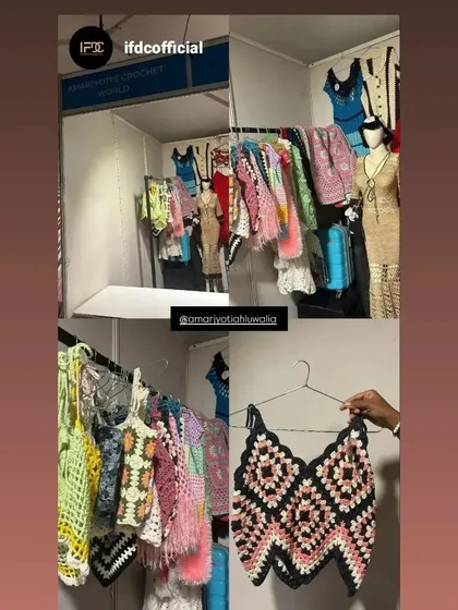 More views from my exhibition stall. I love showcasing the range of items that can be created with just a hook and some yarn, from colorful tops to intricate dresses.