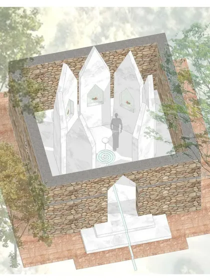 An isometric view showing how the meditation structure is nestled within the landscape. It is designed as a quiet sanctuary, a place of refuge and peace within the bustling university campus.