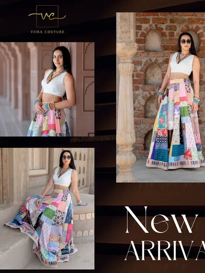 A "New Arrival" collage showcasing a vibrant patchwork lehenga skirt. This piece is a true work of art, perfect for a bohemian-chic look.