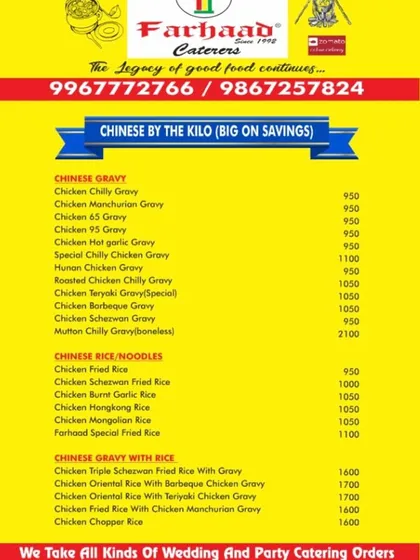 For those who love Indo-Chinese flavors, we offer a full Chinese menu 'By the Kilo'. You can order your favorite gravies like Chicken Schezwan and Manchurian, or rice and noodles for a complete meal.