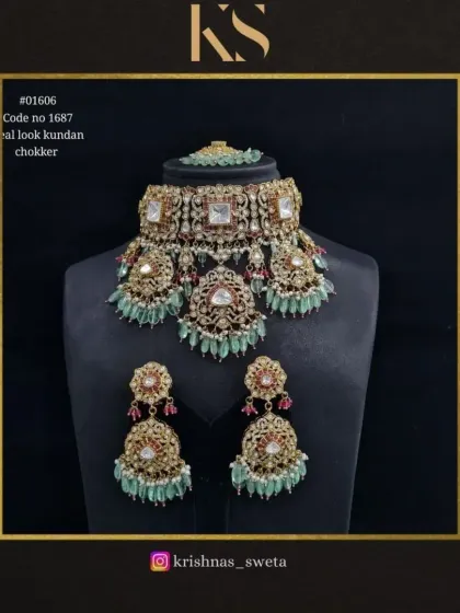 A unique color combination for our real-look Kundan choker, featuring mint green beads with ruby accents. This piece is for a bride who loves to mix and match.