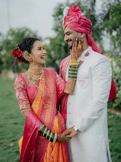 The laughter between a couple is my favorite thing to photograph. Here, dressed in beautiful Maharashtrian wedding attire, their connection shines brighter than any jewelry.
