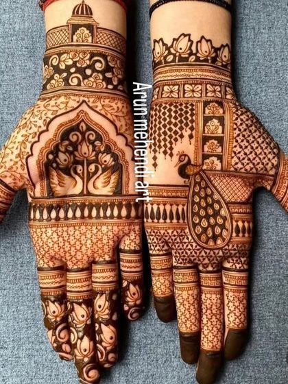 A beautiful back-hand design featuring swans in a lotus pond on one hand and a peacock on the other, showcasing different traditional motifs.