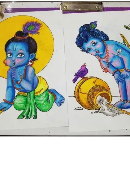 Two adorable paintings of Little Krishna created with oil pastels. This medium is perfect for creating bright, playful illustrations with rich color.