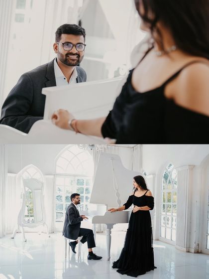 A candid moment of shared laughter at the piano. This shows that even in a formal setting, the focus is always on capturing genuine emotion.