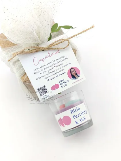 A proud moment creating these congratulatory gifts for new parents at the Birla Fertility & IVF Clinic. This project showcases my ability to handle professional corporate orders, complete with custom branding on the candle jars and personalized thank you cards.