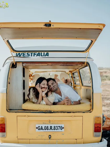 A vintage van, an open field in Goa, and a couple ready for an adventure. This shot is fun, nostalgic, and full of personality. It shows how we can use props and themes to tell a story that is uniquely yours, turning your pre-wedding shoot into a memorable road trip.
