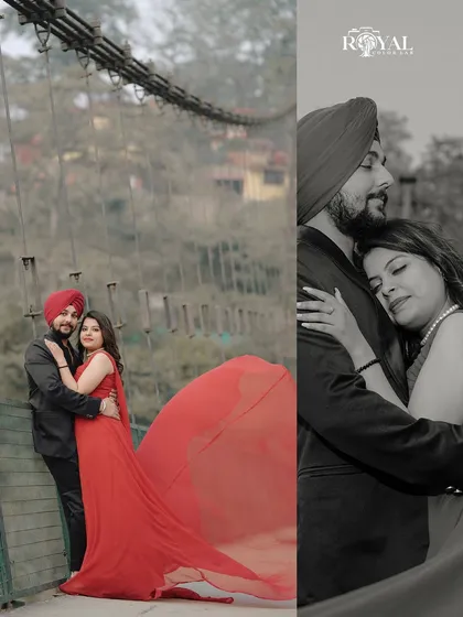 A split image showing a full-length color photo and a close-up black and white portrait, highlighting the couple's bond.