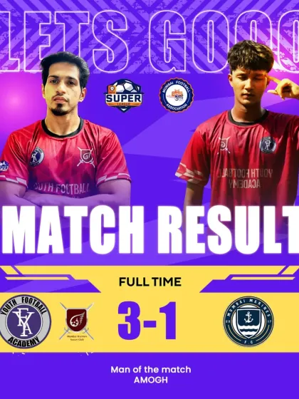 A great result for the team. We secured a 3-1 victory against the Mumbai Mariners in the MFA Super Division, with Amogh earning Man of the Match.