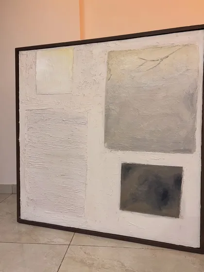 This 4ft x 4ft textured canvas was shipped to a client in Houston, USA. It features a subtle, minimalist composition with different textured squares in neutral tones.
