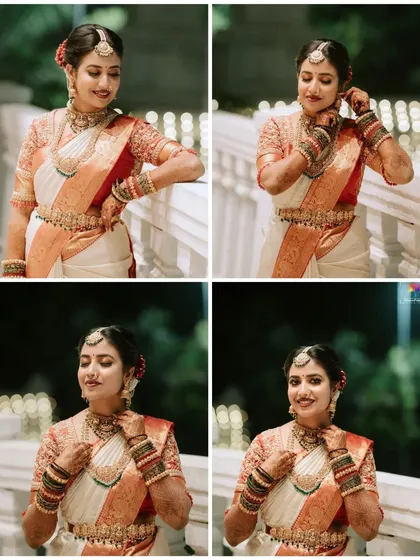 A collage of a bride getting ready, showcasing her beautiful white and red saree and traditional jewelry. These portraits capture her elegance and happy anticipation.