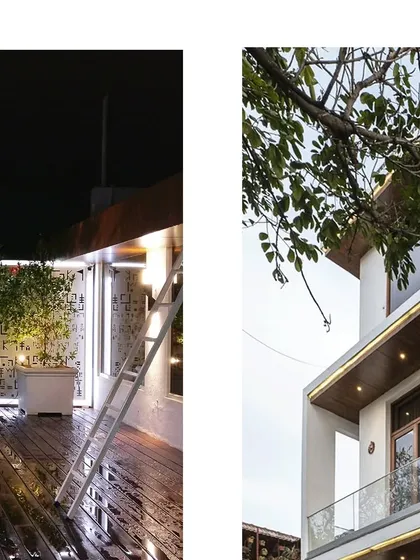This collage highlights the lived-in but luxe design of a modern home, contrasting the custom-lit facade screen with the warm wooden details of the balconies.