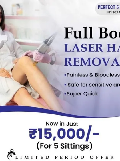 We believe in making permanent hair reduction accessible. This is our limited-period offer for a full body laser hair removal package, which includes five sittings. The treatment is painless, bloodless, and safe even for sensitive areas.