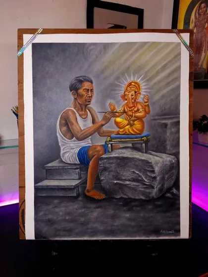 Finally complete, this oil painting shows an artist giving the final touches to a Ganesh idol. This piece took many days and hours of hard work, and I hope you like the concept.