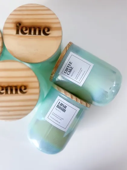 Obsessed with these green holographic jars. Shown here in Coffee Cake and Lush Bomb scents, with their custom engraved wooden lids.
