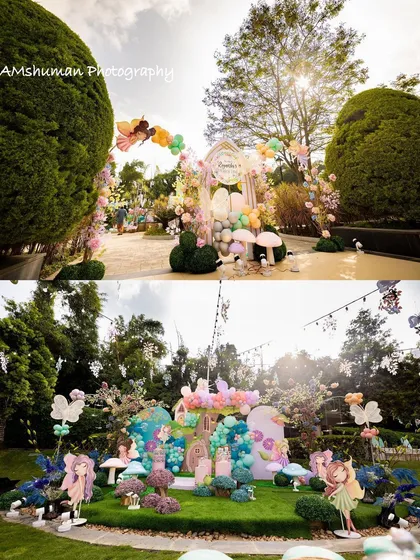 An expansive look at the magical fairyland I created in a client's garden. The setup includes a grand entrance arch and a detailed main stage, ensuring an immersive experience from the moment guests arrive.