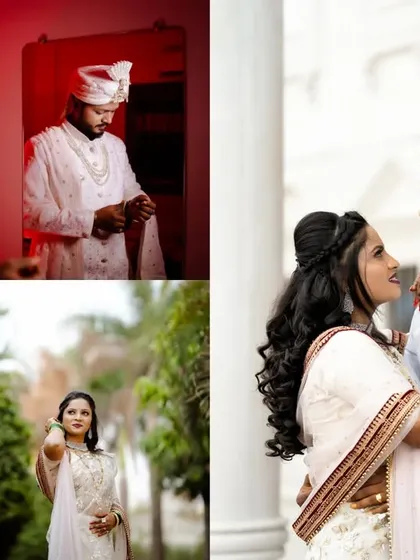 A collage showing the groom getting ready and the couple's romantic portraits, highlighting their elegant white wedding outfits.