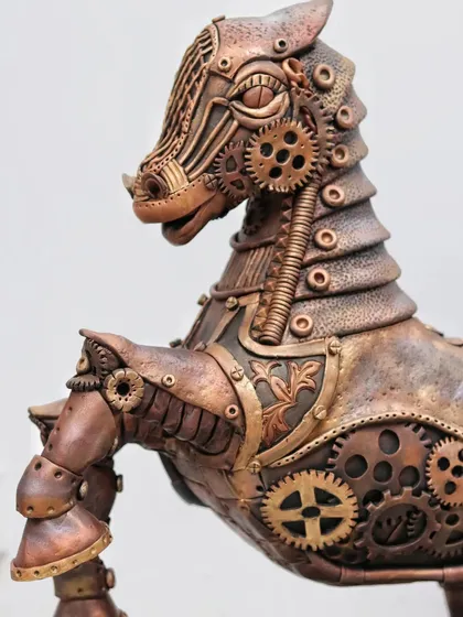 A side profile of the head and neck of my award-winning Steampunk Horse sculpted cake, highlighting the layers of edible armor.