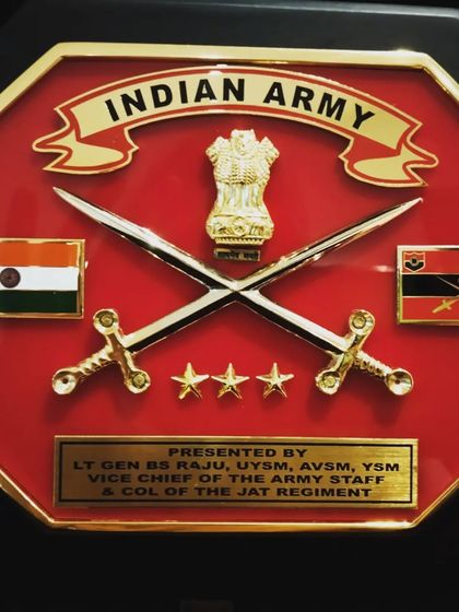 The official memento presented by Lt. Gen. BS Raju, Vice Chief of the Army Staff. This recognition from the Indian Army for our cultural contribution with '18 Days' is one of our most treasured accolades.