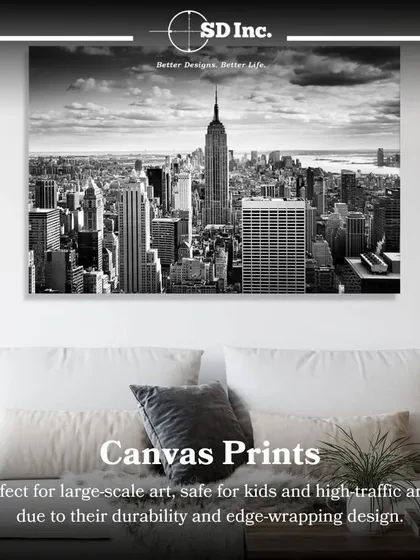 Canvas prints are perfect for large-scale art. Their durability and edge-wrapping design make them a safe and impactful choice for high-traffic areas or homes with kids.
