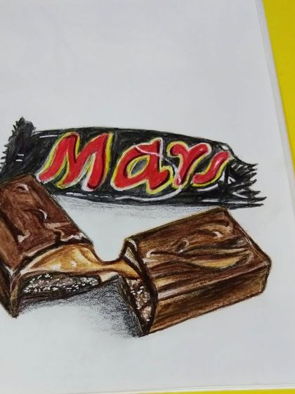 A fun mixed-media piece of a chocolate bar, created using both watercolour and coloured pencils to achieve a realistic look.