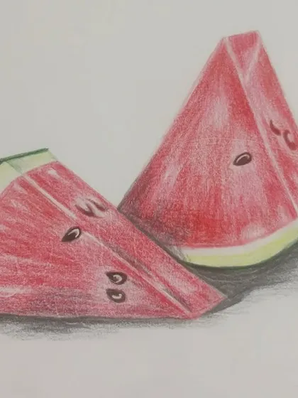 A student's realistic artwork of watermelon slices. A great summer-themed drawing.