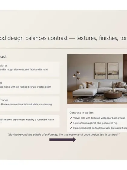 Good design balances contrast in textures, finishes, and tones. This graphic shows how combining smooth surfaces with rough elements or polished metal with distressed wood creates a rich, multi-sensory experience.