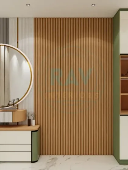 A render of a dressing area with a large circular mirror, a sleek vanity table, and a wardrobe with open-shelf storage.