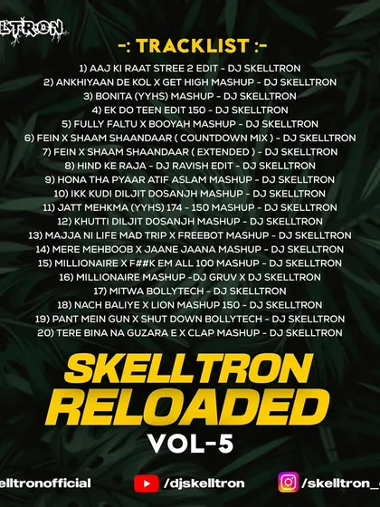 The complete tracklist for Vol. 5. With 20 tracks, this pack offered a huge variety of mashups and edits, from Bolly-Tech to high-BPM bangers.