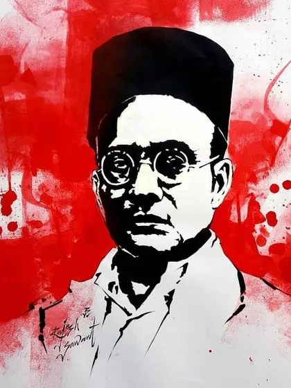 A stark, high-contrast watercolor tribute to the freedom fighter and writer, Vinayak Damodar Savarkar.