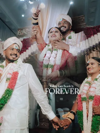 A creative collage celebrating the couple's journey to "forever." It combines several happy moments from their wedding ceremony into one beautiful image.