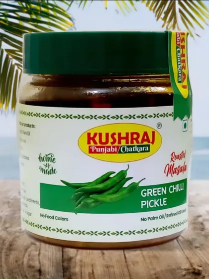 My Green Chilli Pickle, made with fresh, crisp green chillies and a blend of tangy spices. It offers a sharp, spicy flavour that pickle lovers enjoy.