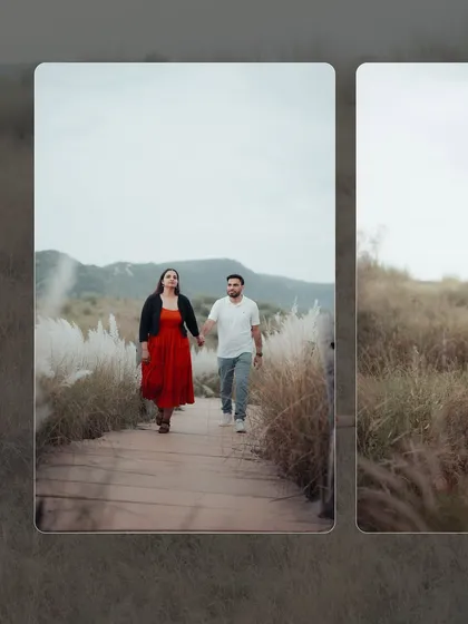 A candid shot of a couple walking hand-in-hand through a path lined with tall white grass. This showcases our ability to find beautiful natural settings around Jaipur.