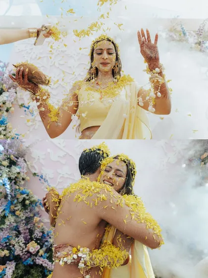 A collage capturing the joy and emotion of a haldi ceremony, from the showering of petals to the couple's loving hug.