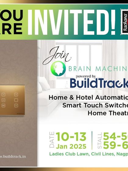 The detailed invitation for our booth at Rachna 2025, highlighting our offerings in home and hotel automation and smart touch switches.