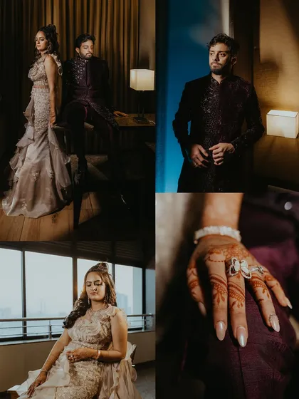 A collection of images from a Sangeet shoot, including couple portraits, solo shots, and a close-up of the bride's henna-adorned hand.