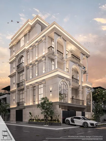This angled view of a Vikaspuri proposal highlights the interplay of arched and rectangular windows, creating a dynamic yet harmonious classical façade.
