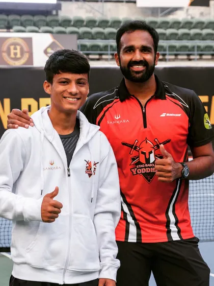 Our student Vansh with a mentor at the Pro Tennis League. This kind of exposure is invaluable.