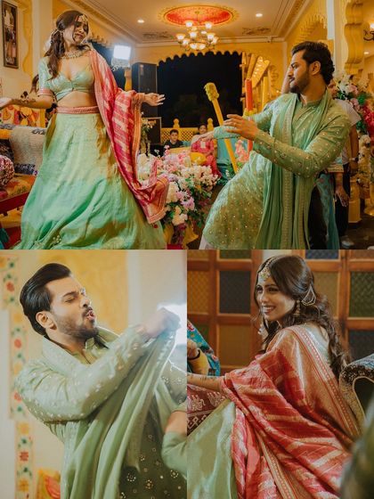 A collage of fun and playful moments from a Mehendi night, capturing the couple's interactions and the festive atmosphere of the event.