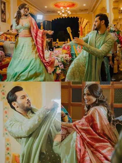A collage of the couple dancing and celebrating during their Mehendi function.